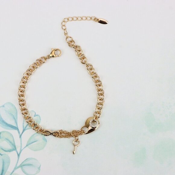 "Rose Gold Heart & Charm Link Bracelet in Premium Gold Plated Brass, XPBL0907 - Picture 3 of 12